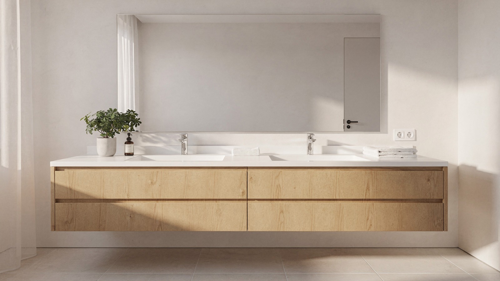 encimera de corian con doble lavabo sobre mueble de madera de roble natural catedral veteado o europeo