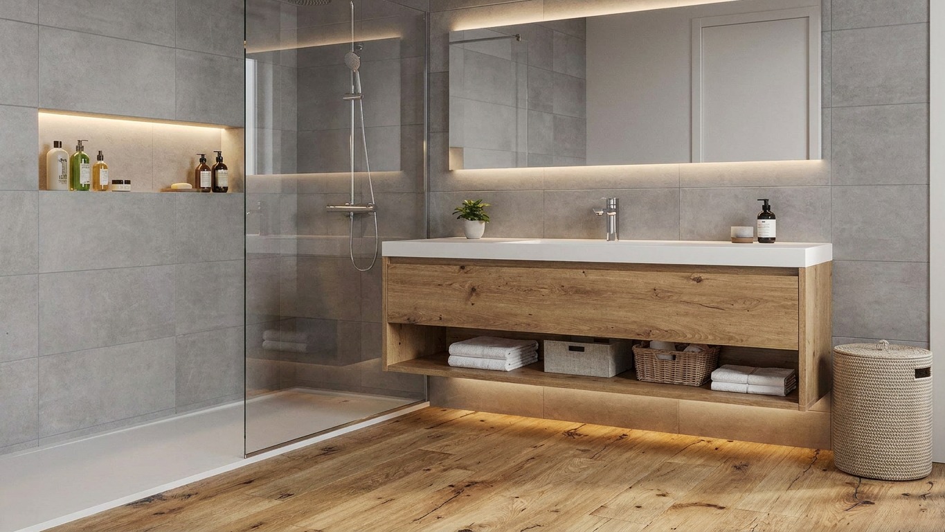 Conjunto de encimera más baño de madera con zona inferior libre