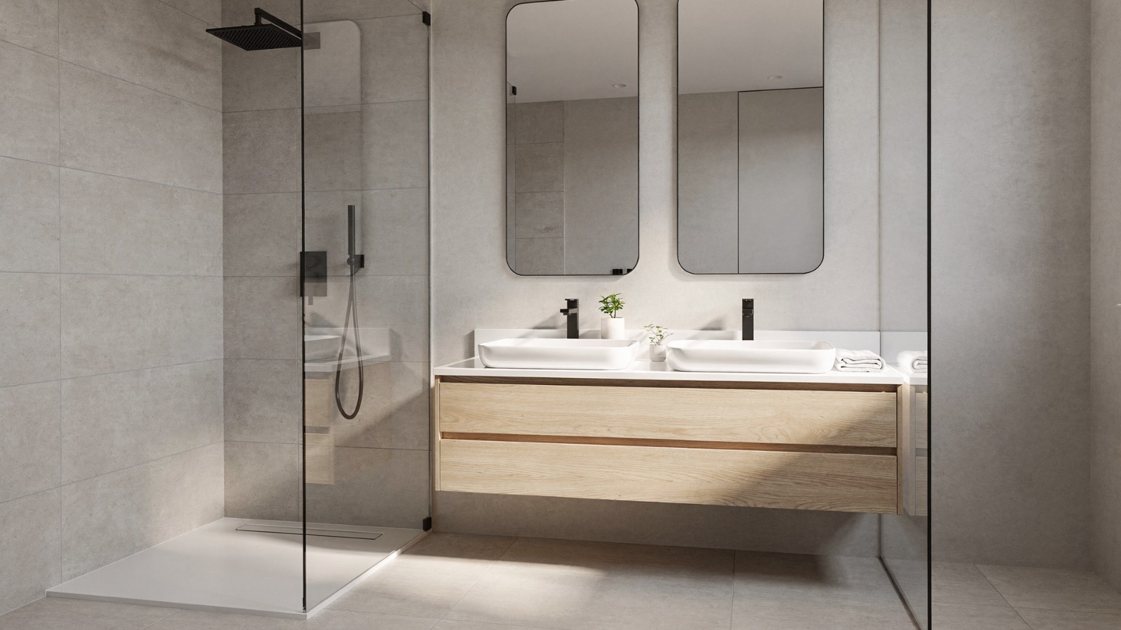 Encimera de corian con doble lavabo de superponer sobre mueble con dós módulos con acabado de madera de roble natural mallado
