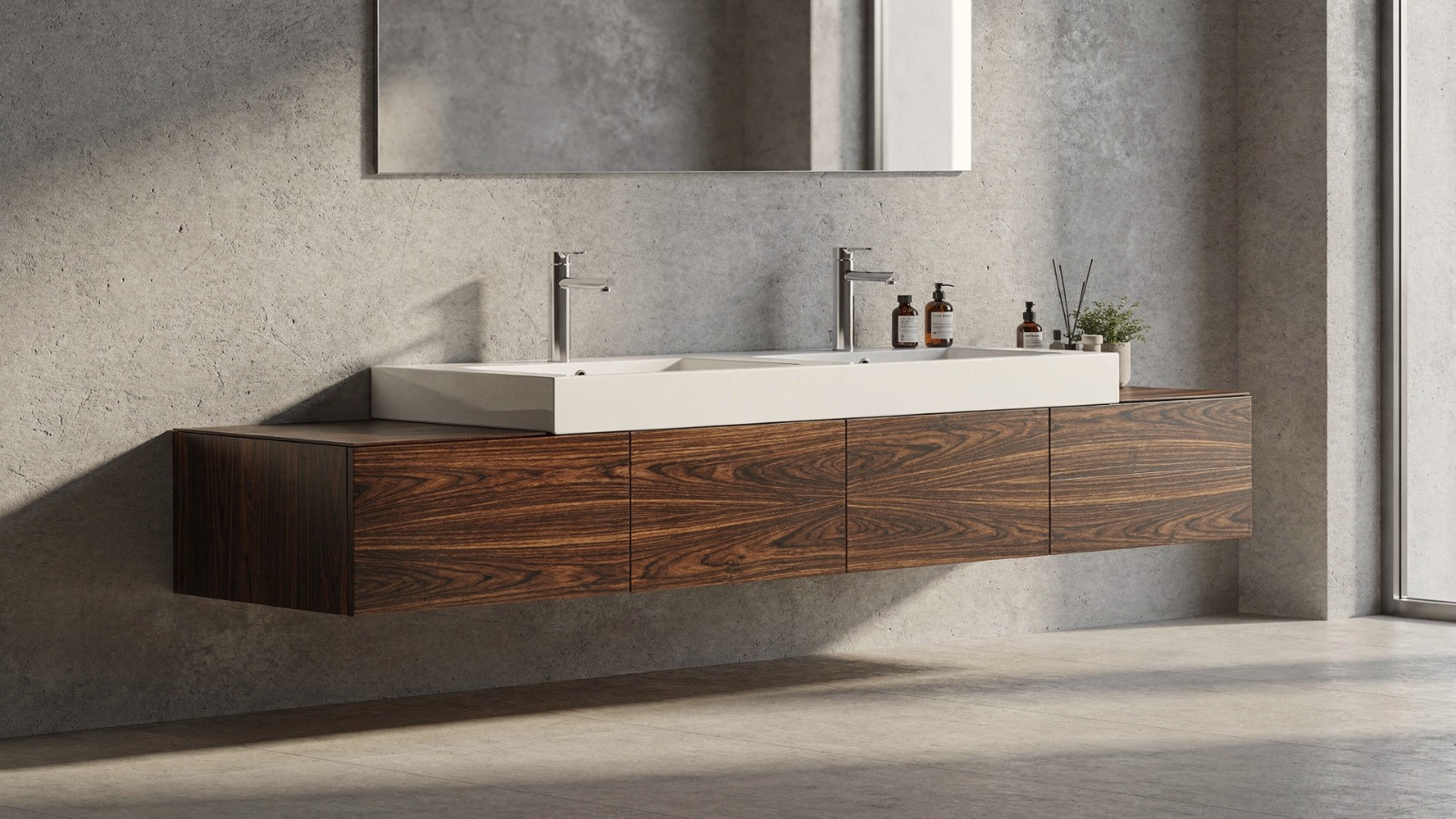 Lavabo de construcción doble de Corian sobre mueble de 4 módulos de madera de polisandro