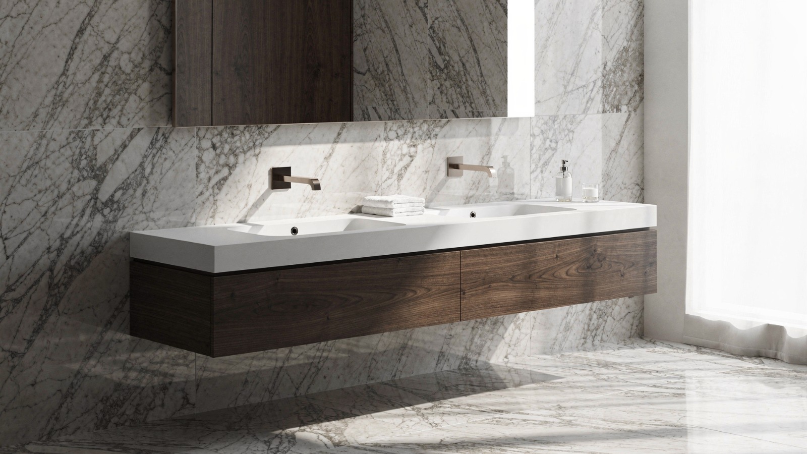 Encimera de Corian con doble lavabo integrado con grifos en pared personalizado sobre mueble de dos módulos de madera de nogal