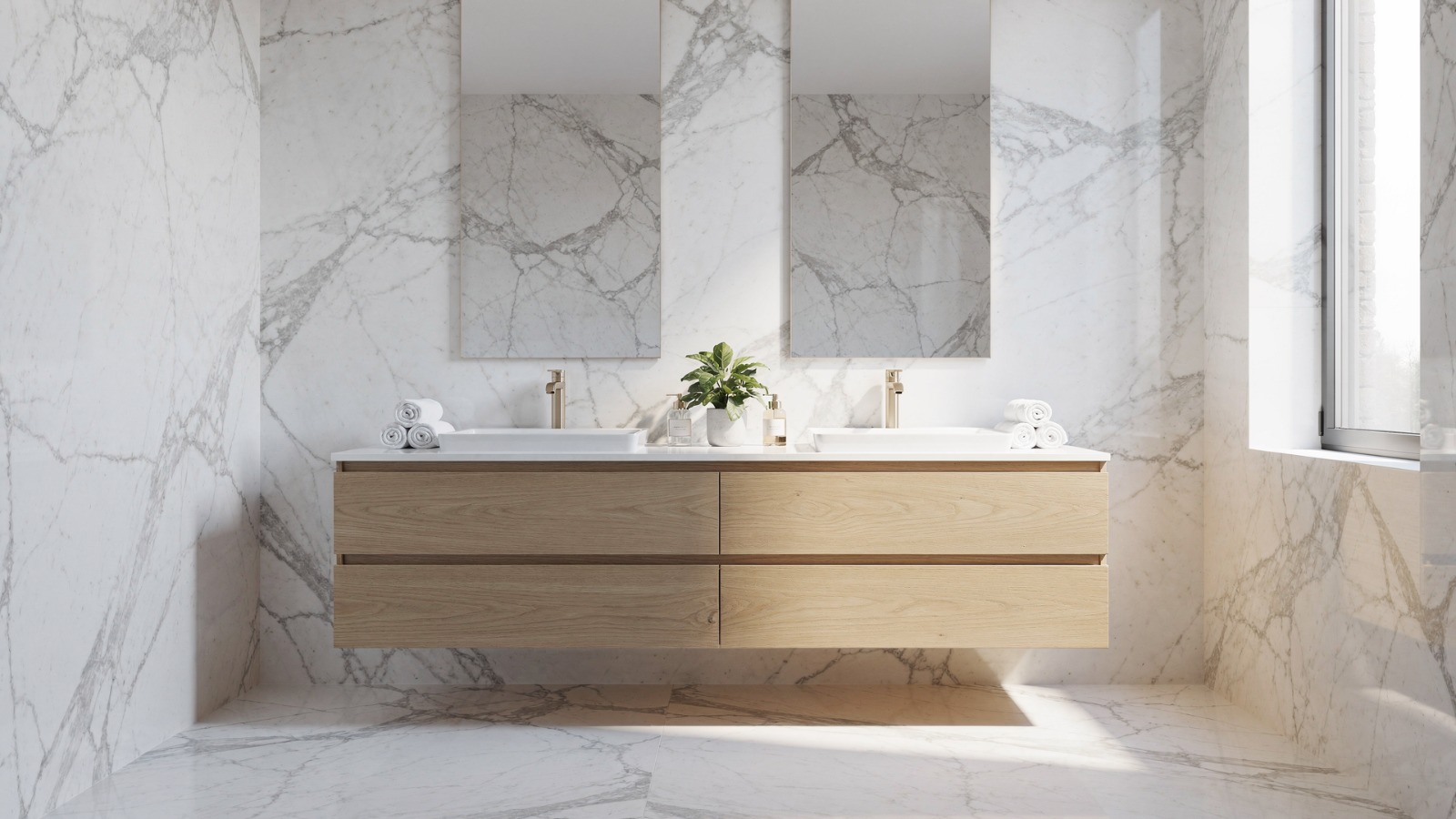 Conjunto de encimera de Corian con doble lavabo semiencastrado con grifos cromados sobre mueble de madera de haya