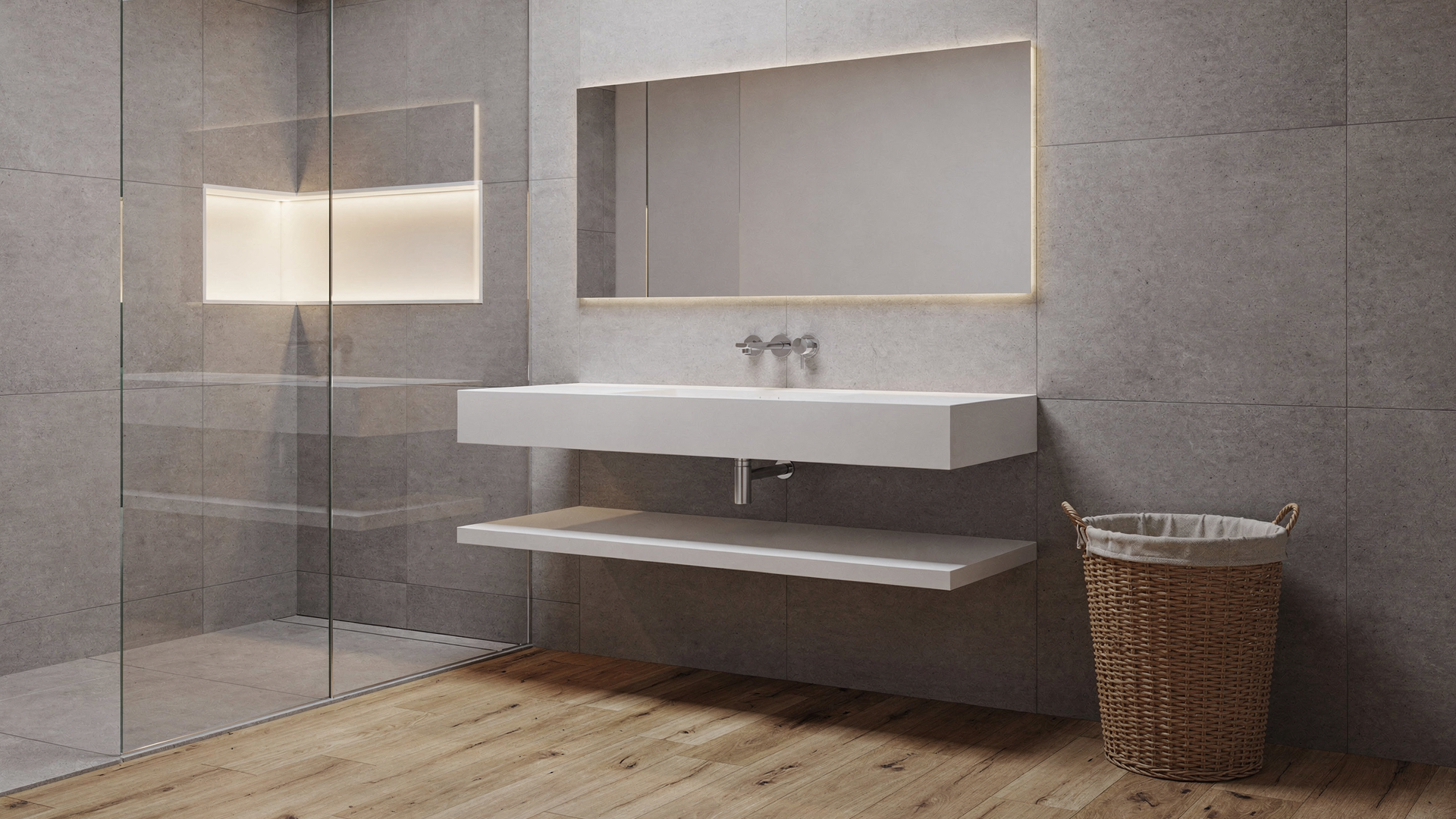 Encimera de Corian suspendida con balda inferior regruesada